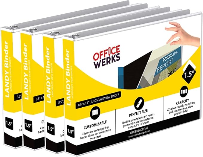 4 Pack of 8.5" X 11" Landscape View Binder, 3-Ring 1.5 Inch Capacity Round Ring, White Horizontal Formatted with Clear Cover Pockets for Documents, Spreadsheets, Projects and More