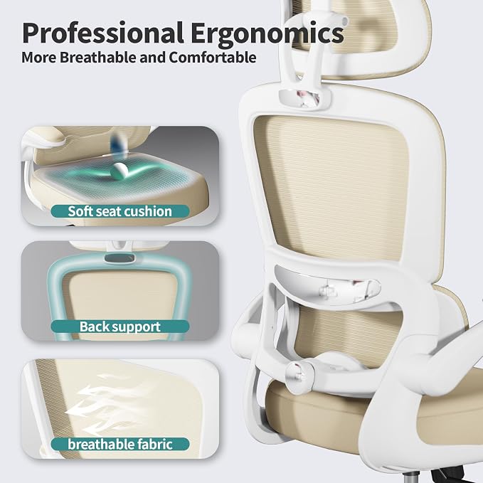 TRALT Office Chair Ergonomic Desk Chair - Gaming Chair with Lumbar Support | 330 LBS Home Office Desk Chairs with Headrest, Reading Chair with Flip-up Armrests, Comfortable Computer Chairs (1, Beige)