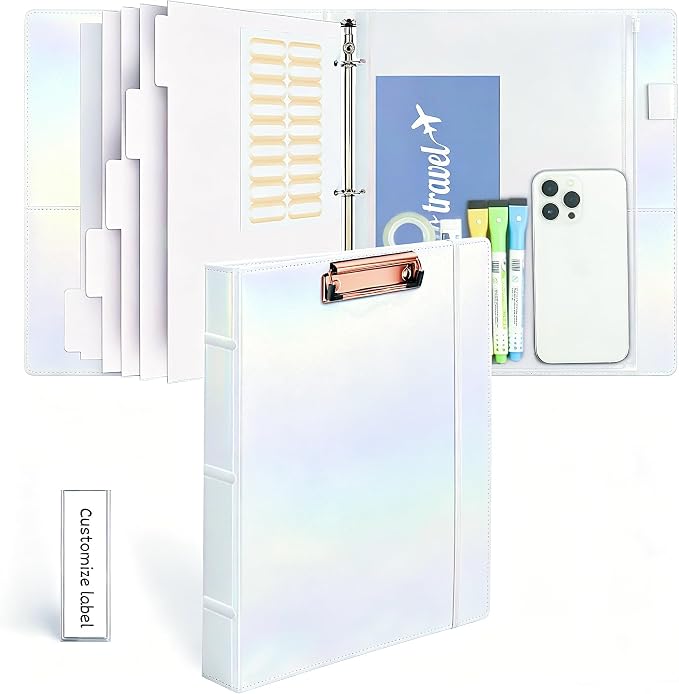 3-Ring Binder 1-inch with Clipboard, Holographic Silver Glitter Design, Including 5 Divider Pages, File Bag and Spine Label - Perfect for Schools, Offices and Organizations