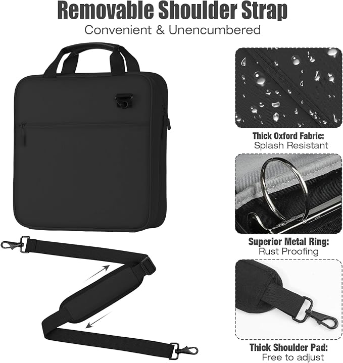 MoKo Zipper Binder, 2 Inch 3 O Ring, 5 Tab File Folders, 500 Sheets, Black | Water-repellent 900D Oxford fabric with 5 folders, 2 mesh pocket, reinforced handle and adjustable shoulder strap.