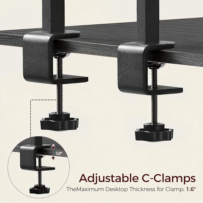 MAHANCRIS Clamp on Desk Shelf, 2 Tier Desk Storage Organizer, Desktop Bookshelf with Hooks and Divider, Desk Accessories for Study and Gaming Room, Black DSBK4501