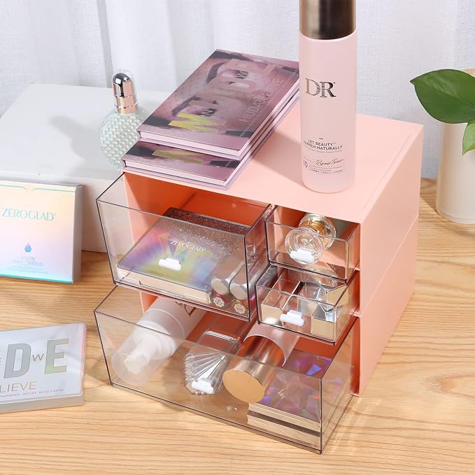 Stackable Storage Drawers, Office Desk Organizer with 4 Mix Drawers | Pink, Plastic Mini Desktop Storage Box, Tabletop Small Craft Drawer for Office Supplies, Makeup Desk Organizer and Accessory