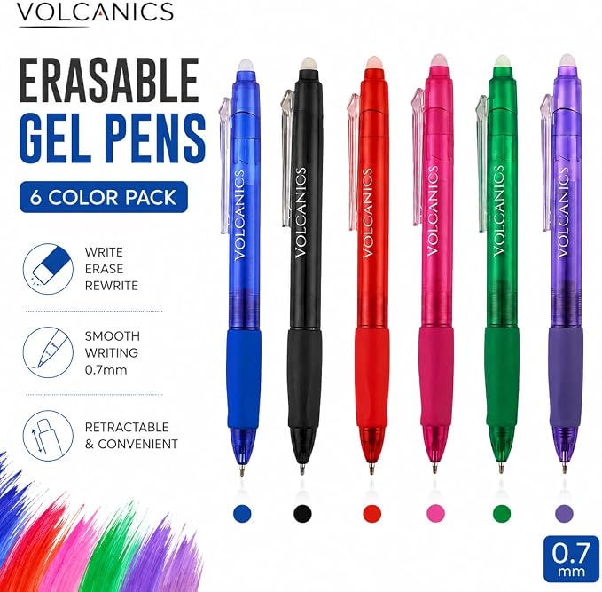 Volcanics Retractable Erasable Gel Pens, 24 Pack, 6 Colors, 0.7mm