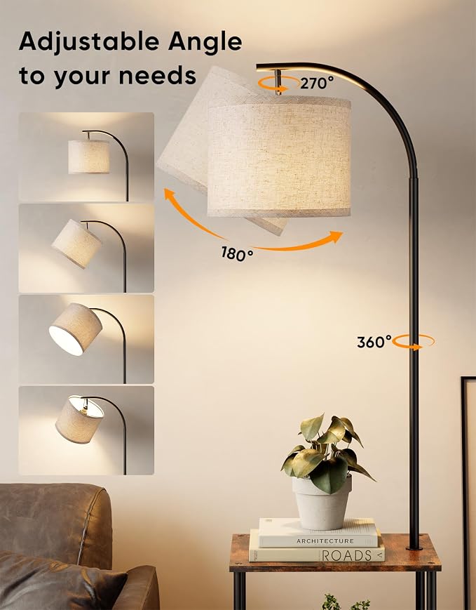 Floor Lamp with Table, Night Stand with Lamp, Narrow Side Table with 3CCT LED Bulb, Small Coffee Table, Modern End Table with Storage Shelves for Living Room Bedroom Home Décor