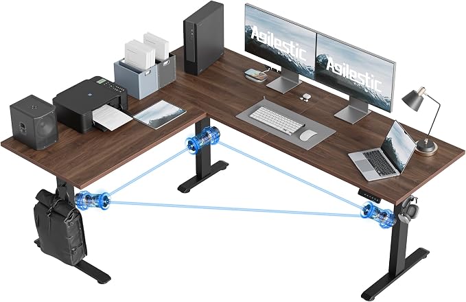 Agilestic 73 x 61 Inch L Shaped Electric Standing Desk, Dark Walnut | Tripple Motor, Corner Desk, Ample Workspace, Memory Presets, Hooks, Stable Steel Frame, 265 lbs, Splice Board