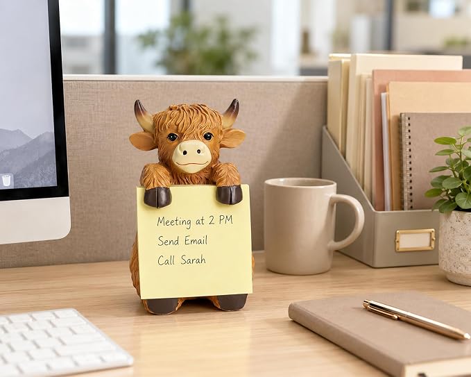 Highland Cow Pop-Up Sticky Note Dispenser for 3 x 3 in Notes, Brown | Includes 100 sheets, handmade resin desk decor for office, home or classroom, gift for teachers, coworkers and cow lovers