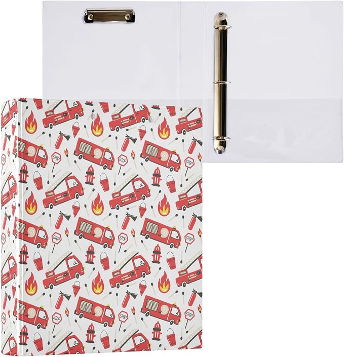 Fire Fighting Truck Round Ring Binders 1.5 Inch Cars Doodle Pattern 3 Ring Clipboard Binder for Office School Work Supplies Document 200 Sheet Capacity Easy Open 2 Pieces