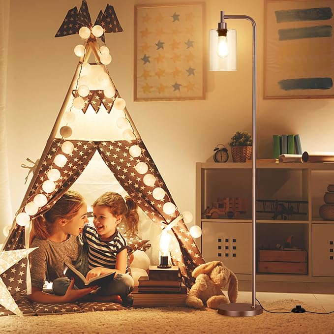 Ziisee Floor Lamps for Living Room - Industrial Standing Lamp with Glass Shade, Modern Floor Lamp with LED Bulbs, Farmhouse Floor Lamp for Bedroom, Tall Lamp for Office - Brown