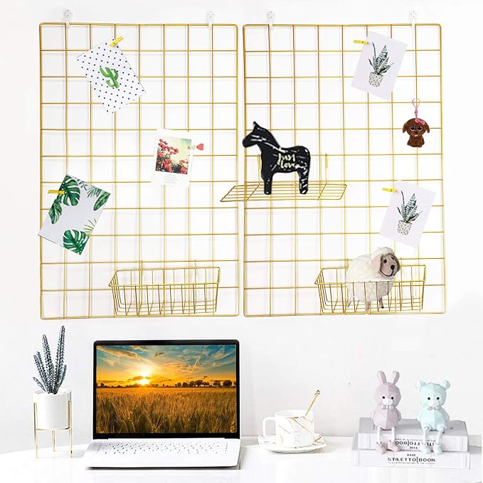 2 Pack Large Wall Grid Panels with Light and Clips, Photo Display Board, Picture Frame Collage Board, Wire Grid Wall Panel Room Decoration,Dark Gold | Picture Frames Collage , Wire Grid Wall Panel Room Decoration