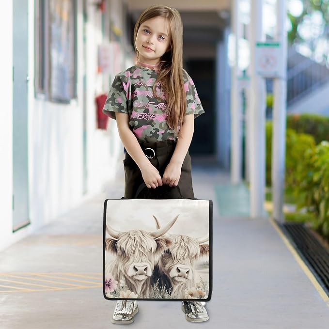 3 Ring Zipper Binder with Shoulder Strap Highland Cow Cattle Flower 2 Inch Zippered Binder Bag 500 Sheet Capacity Multi Pockets for School Supplies
