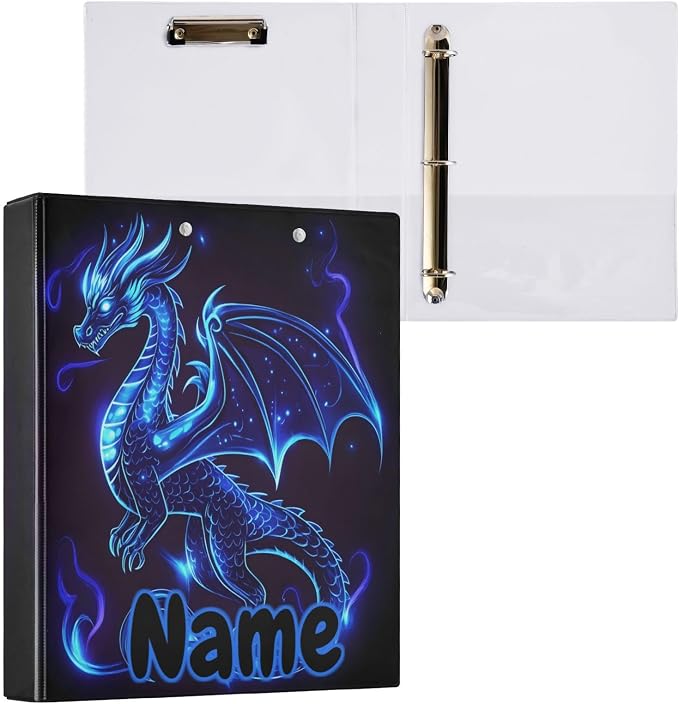 Custom 3 Ring Binder Dragon Blue Black 1.5" Round Ring Binders Personalized Name View Binder with 200 Sheet for Kids School Supplies Women Men Office, 1 Pack