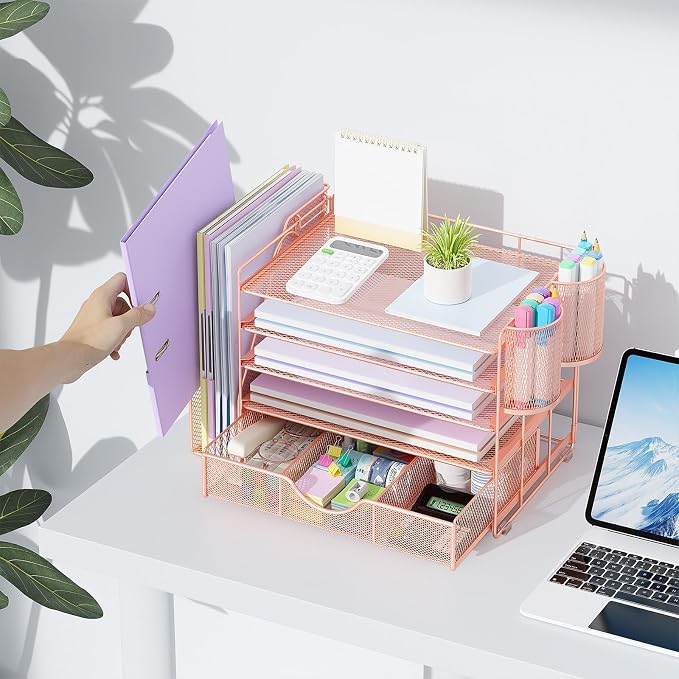 gianotter 5-Tier Desk Organizer with Drawers and File Holders | Letter Trays and Pen Holders - Workspace Accessories for Office Supplies (Rose Gold)