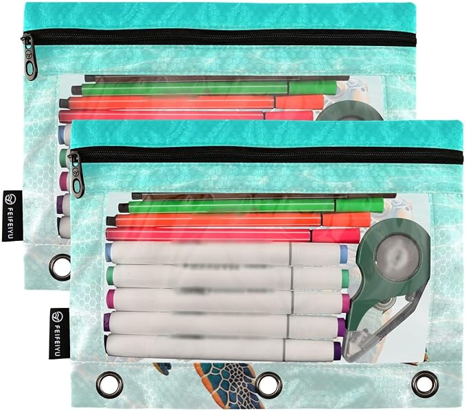 Sea Turtle Pencil Pouch for 3 Ring Binder, 2 Pack Waterproof Pencil Bags Clear Window Zipper School Office Supplies