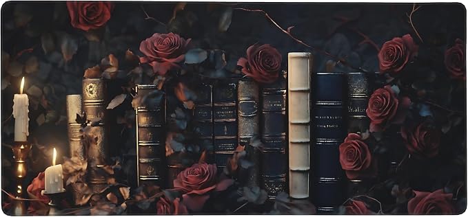 Aesthetic Book Gaming Mouse Pad, Black Red Dark Romanticism Desk Mat with Anti-Slip Base & Stitched Edges,35.4" x 15.7" in Desk Accessories for Women, Home Office Decor & Artistic Gift