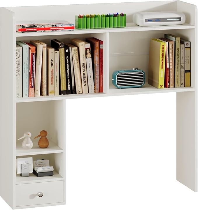 ChooChoo Desktop Bookshelf with Lights and 5 Shelves and 1 Drawer | 36.4" Tall Countertop Desk Hutch, Computer Desk, Desk Shelf Organizer, Dorm Office Home, White