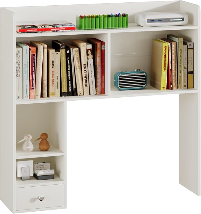 ChooChoo Desktop Bookshelf, 36.4" DormDesk Hutch with 5 Shelves | Countertop Desk Hutch, 1 Drawer,for Computer Desk, Desk Shelf Organizer, Dorm Office Home, White