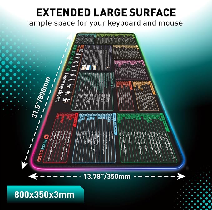 Excel Cheat Sheet LED Desk Pad | Excel Shortcut Keys Mouse Pad - Colorful RGB Luminous Extended Large Gaming Mousepad| PC Office Spreadsheet Keyboard Mat| Non-Slip Stitched Edge Desk Mat