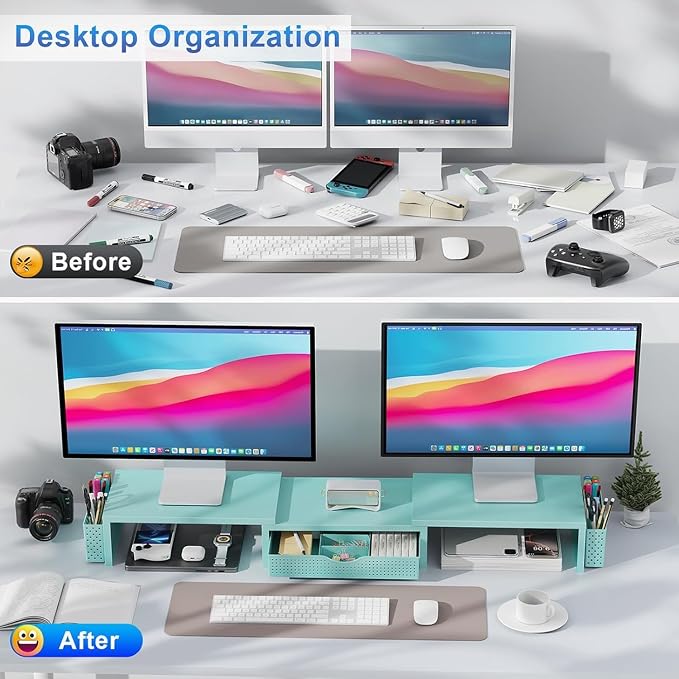 gianotter Dual Monitor Stand Riser With Drawer and 2 Pen Holders | Computer Monitor Stand Desk Organizer and Accessories Desk Shelf for Top of Desk (Blue)