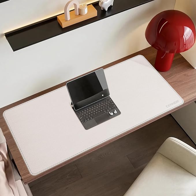 CENNBIE 35.5" x 16" Leather Desk Mat,Computer Mouse Pad for Office(Cream) | Premium Stitched Edges Resist Wear. Waterproof, Non-Slip & Easy To Clean. Protects Desk From Scratches. For Office & Home.