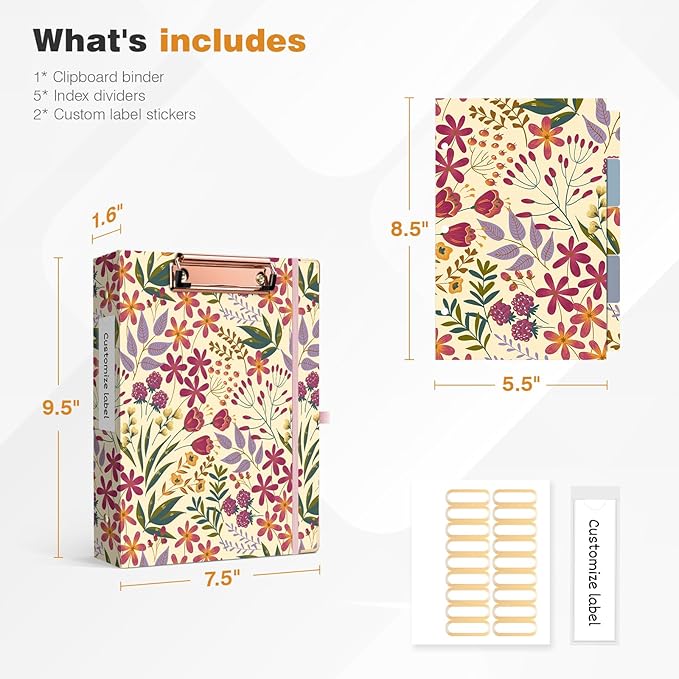 Ospelelf Mini 3 Ring Binder 1 Inch, Cute Binder for 5.5" x 8.5" with 5 Tab Dividers, File Folder Labels and Low Profile Clipboards, Floral Binders for School and Office Supplies