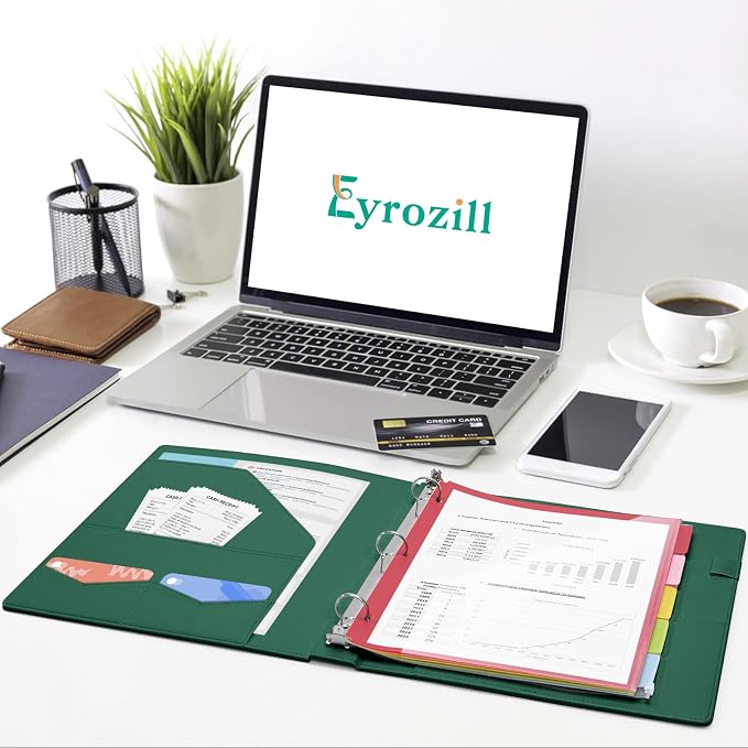Eyrozill Professional Leather Binder Portfolio with Clipboard, Zipper Pouch, 5 Sheets Plastic Dividers，Professional 3 Ring Binders 8.5 x 11, 1-inch Round Rings, Green