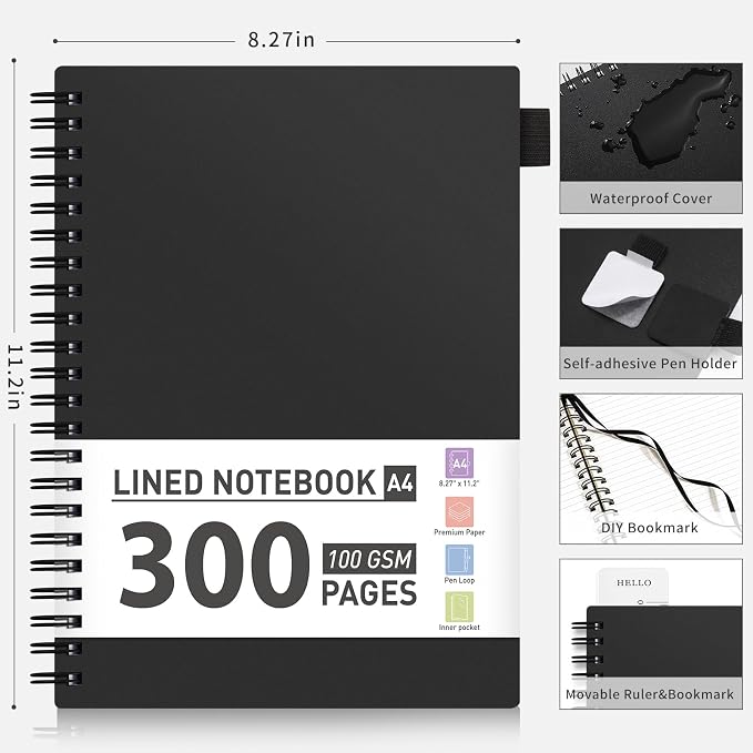 AHGXG Spiral Notebook College Ruled - Spiral Journal Notebook 8.5" x 11" Large A4, 300 Pages Lined Journal, 100GSM Thick Paper, Plastic Hardcover, for Women Men Office School Writing Work, Black