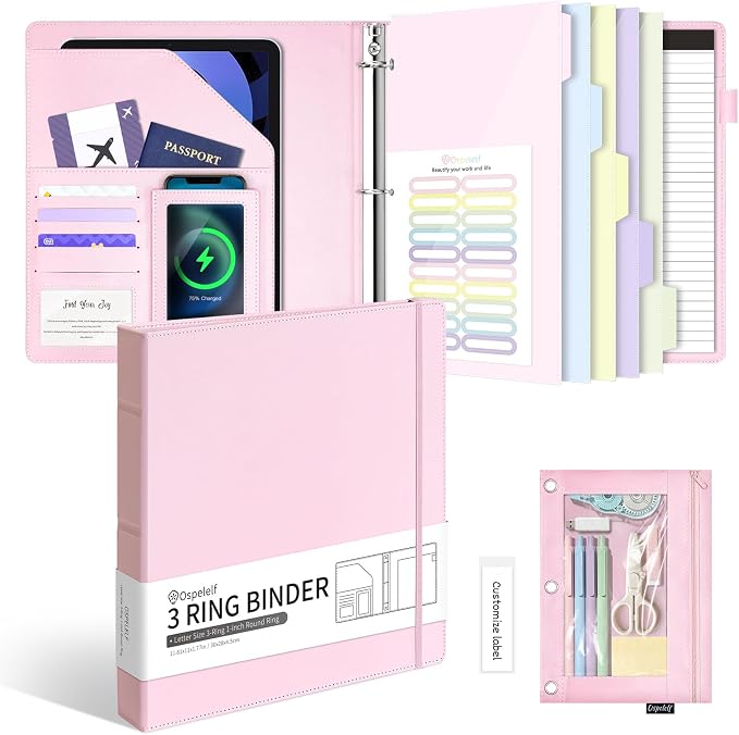Ospelelf Leather 3 Ring Binder for Letter Size Documents with PVC Pocketed Dividers, 1 Inch Round Rings, Holds 175 Sheets, Binders with Storage Bag & Notepad, for Office School Home Organization, pink