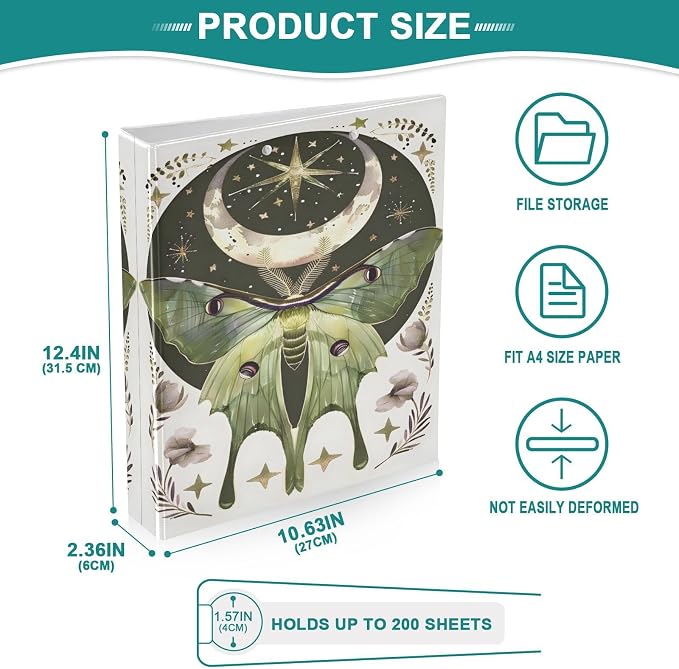 Custom 3 Ring Binder Moth Moon Art 1.5" Round Ring Binders Personalized Name View Binder with 200 Sheet for Women Men Office Kids School Supplies, 1 Pack