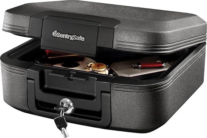 SentrySafe Charcoal Gray Fireproof and Waterproof Safe Box with Key Lock, Portable Chest for Money, Passport, 0.28 Cubic Feet, 6.6 x 15.4 x 14.3 Inches, CHW20221 | Fire and Water Resistant Protection, Key Lock Security, Portable Chest Safe Protects Val...
