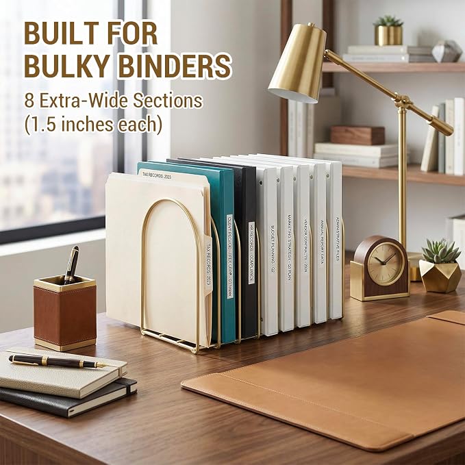 MyGift Brass Metal Wire File Desk Organizer Binder Holder with 8 Wide Slots | Vintage Arch Design Document Sorter Paperwork Files Workspace Organization Desktop Storage Solution Office School Business