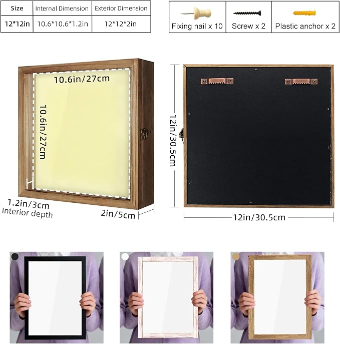 TJ.MOREE Shadow Box 12x12 Memory Display Case Wood Picture Frame Carbonized | Fits 10.6x10.6 Inserts with Linen Back & Glass, Rustic Keepsake Box for Pet Memorabilia Gifts Wedding Bouquet Military Medals