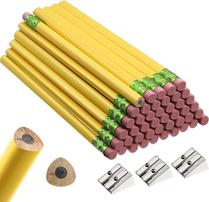 Fainne 48 Pcs Large Pencils 3 Sharpeners,Yellow+green,Triangle