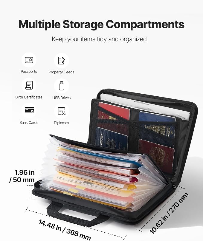 VEVOR Fireproof Document Bag, 1832 ℉ Heat Insulated Fireproof & Waterproof Bag, Portable Multi-Layer File Storage Security Organizer Home Office Travel Use, for Passports, Important Documents, Files