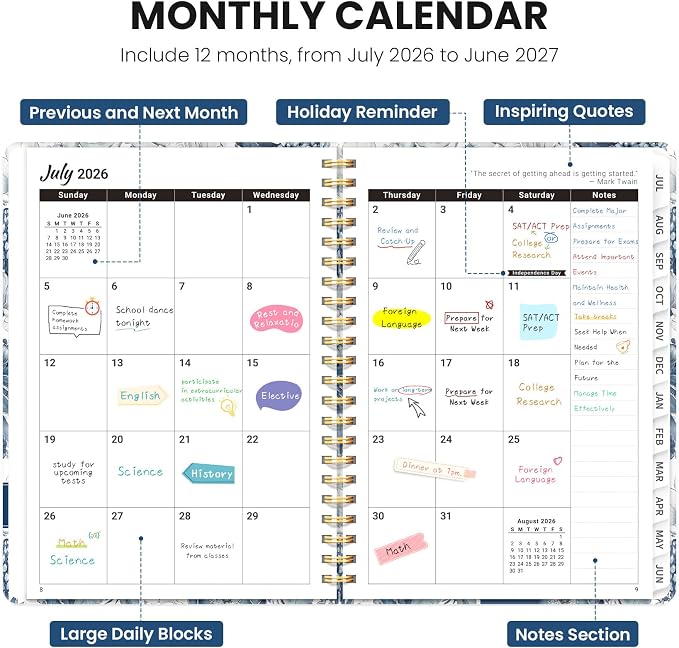 Academic Planner 2026-2027, Monthly and Weekly Calendar Planner, July 2026 - June 2027, Pretty Hardcover Teacher Student Planning Agenda Book with Tabs, Fit for School Office Supplies, 6.3" x 8.5", Blue Floral