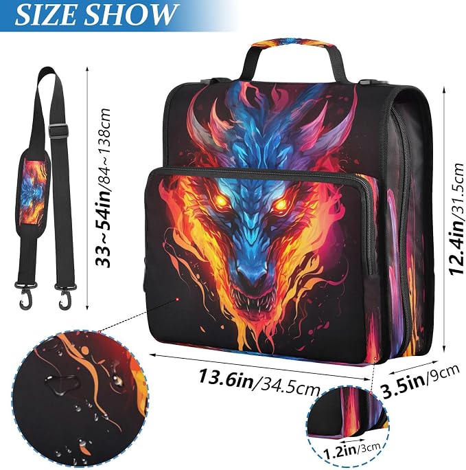 Dragon Fire Black Print Zipper Binder Bag 3 Ring with Shoulder Strap & Handle Multi Pocket Binder Organizer Bag Large Capacity for School Office Supplies