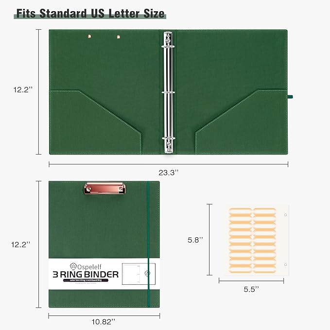 Ospelelf 3 Ring Binder 1 Inch Binder Organizer with Zipper Pouch, Linen Hardcover Portfolio Clipboards for Letter Size (8.5" x 11"), 5 Plastic Binder Dividers with 10 Pockets (Green)