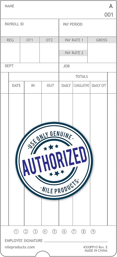 Nile Products - Authentic Time Cards for Nile Products 4500PP Compatible [ 4500PP10MB ] Electronic Calculating Time Clock, Double Sided Time Sheets (3.37 x 7.37 Inches) - 1000 Time Cards | For 4500PP Compatible Electronic Calculating Time Clock, Double...