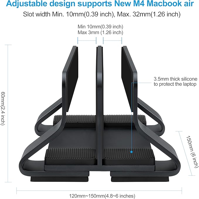 Aluminum Dual Vertical Laptop Stand Dock Holder, Supports 2 Devices, Adjustable Slot Width 15-36mm, Space-Saving Upright Storage for MacBook and Laptops