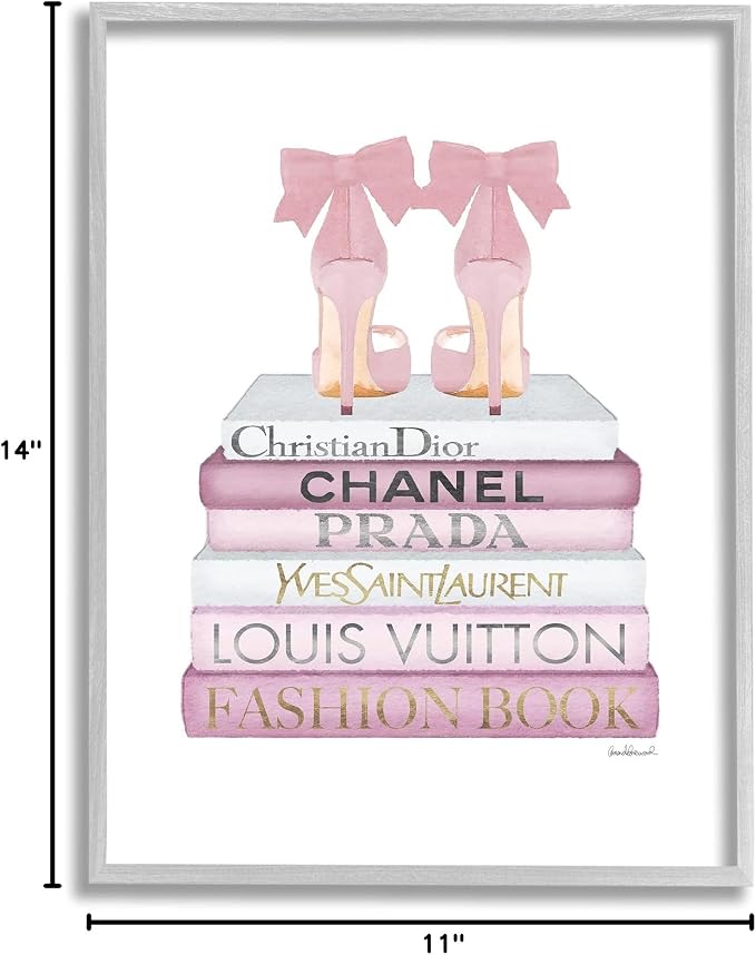 Stupell Industries 'Pastel Pink Heels & Books', Framed Giclee Art, Gray, 11 x 14 Inches, Easy to Hang and Sturdy, Made in USA, by Amanda Greenwood