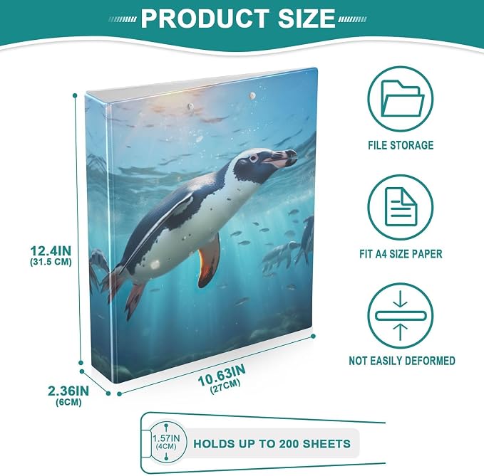 SPRIPORT Penguins Under The Water 1.5 Inch 3 Ring Binder Holds 200 Sheets for Office Supplies Durable PVC Round Ring Binder with Interior Clear Pockets Binder Organizer for Woman Man Home Work