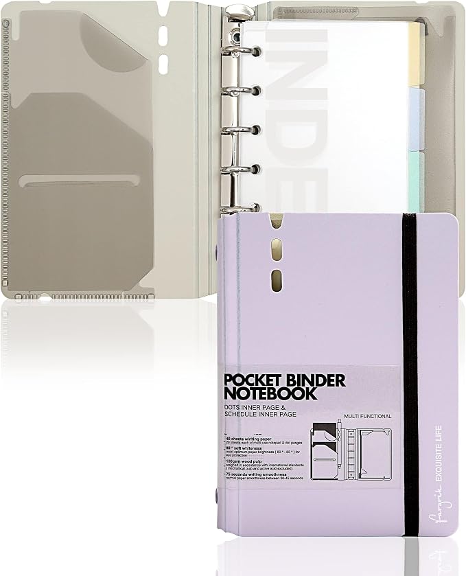 CAGIE A7 Binder 6 Ring Refillable Notebook with Dividers & Pockets | Hourly Planning Square Ruled and Dotted Pages, Refill Paper Included, 4.13 x 5.71 In (Purple, A7 Hourly & Dot Page)