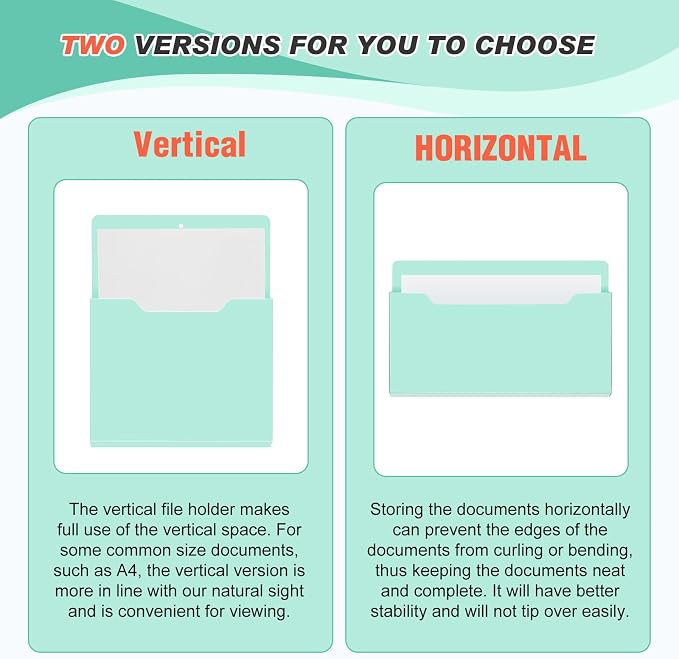 Feifeiya 2 Pcs Magnetic File Folder Wall Hanging Holder Large Pocket Paper Magazine Mail Organizer for Refrigerator Classroom Locker Whiteboard(Mixed,Mint Green,13.8 x 8.3 Inches,12.2 x 9.4 Inches)