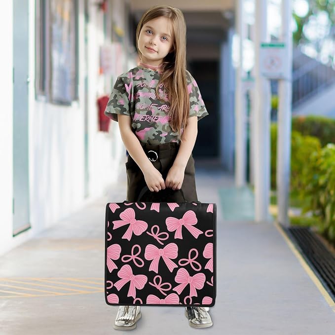 Pink Bow Black Zipper Binder Bag 3 Ring Binder with Shoulder Strap Zip Up 500 Sheets Capacity Multi Pockets for School Office Supplies