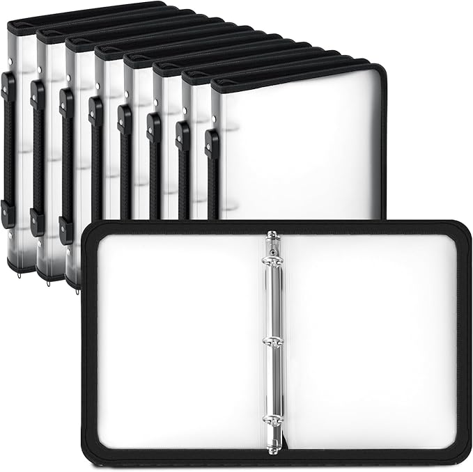 Teling 8 Pcs 1 Inch Zipper Binder 3 Ring Organizer, White | Secure Zipper Closure, Refillable 3 Ring Design, Handle Carry, Fits Letter Size Papers for School, Office and Projects