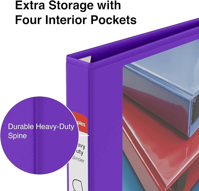 Staples Heavy-Duty 1-Inch D-Ring View Binder, Reinforced Spine, Holds Up to 275 Sheets, Purple, for Office & School