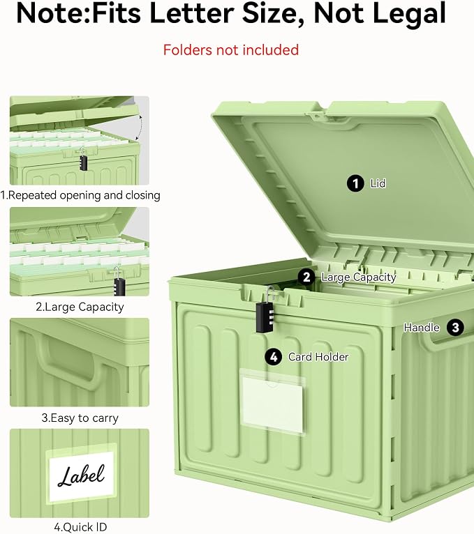 Oterri Lockable Stackable Plastic File Box with Lid for Letter-Size | Hanging File Folders Not Included. Green, Large 2-Pack. Home, Office, Classroom, Dorm, Tax, Under Bed, Filing Cabinet.
