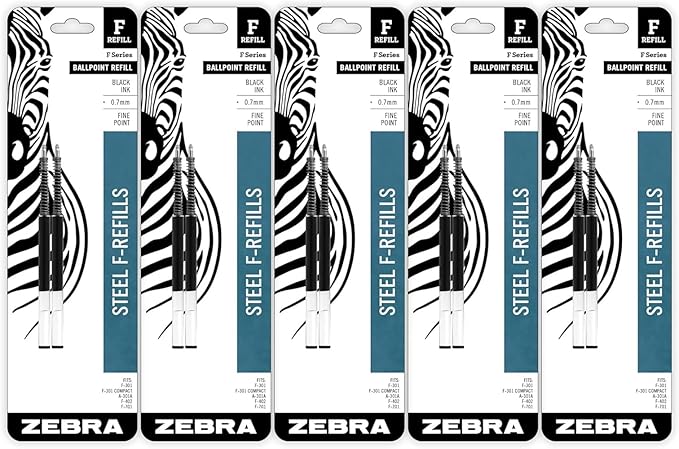 Zebra Pen Ballpoint Refill, Fits F-301, F-402, F-701, Black, 0.7mm, 10-Pack