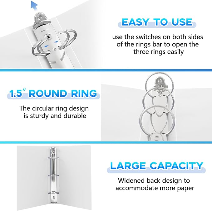 Henoyso 12 Pcs 1.5 Inch Mini 3 Ring Binders Fits 5.5" x 8.5" Paper, Holds(Capacity 350 Sheets), Plastic Flexible Three Round Rings Small White A5 Binders Bulk for School, Office Use, Photo Album