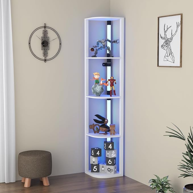 VTRIN Corner Shelf with Light, Floor Lamps with Shelves for Living Room, Small Space, Modern Home Decor Stand Sturdy 5-Tier Corner Bookshelf Cabinet Display Shelf for Collectibles, White