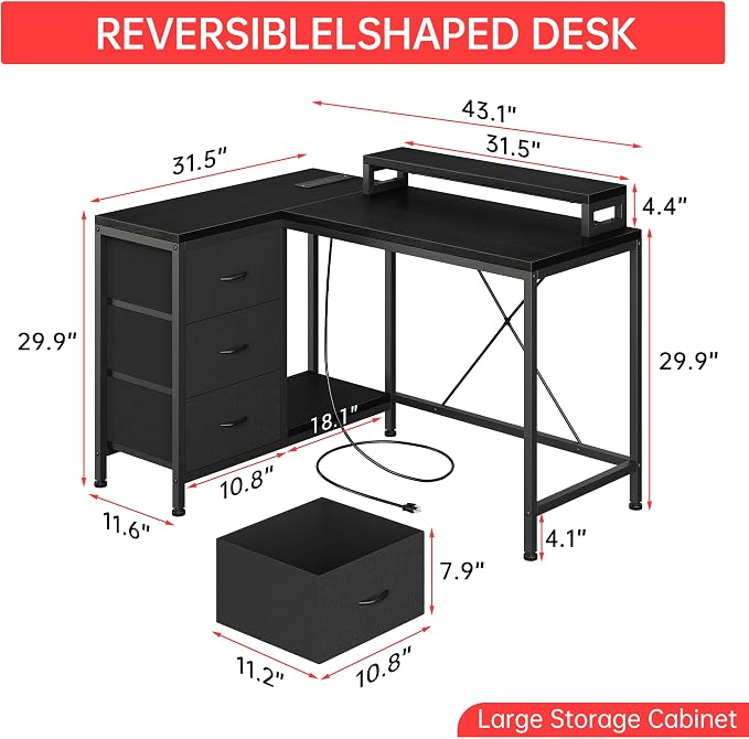 Hetoy L-Shaped Gaming Desk with Power Outlets, Corner Desk with Drawers, Shelves & LED Lights, Computer Desk for Home & Office